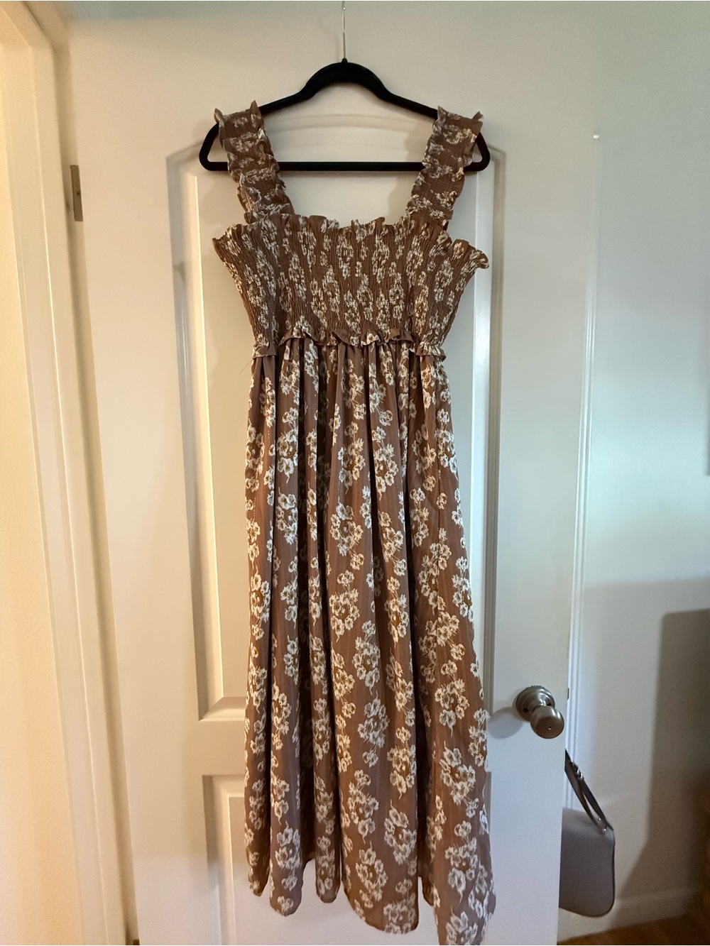 Altar'd State Brown Floral Smocked Maxi Dress with Cream Blooms
